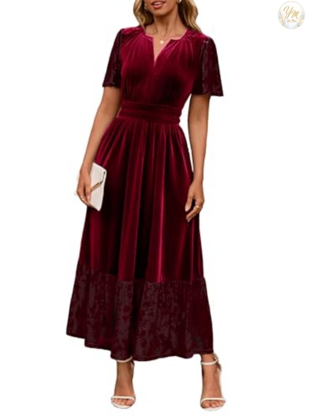 Velvet Maxi Formal Dress V Neck Floral Short Sleeve Empire Waist